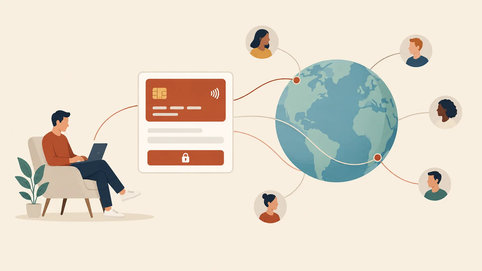 Editorial illustration of a digital creator connecting a US business account with customers around the world