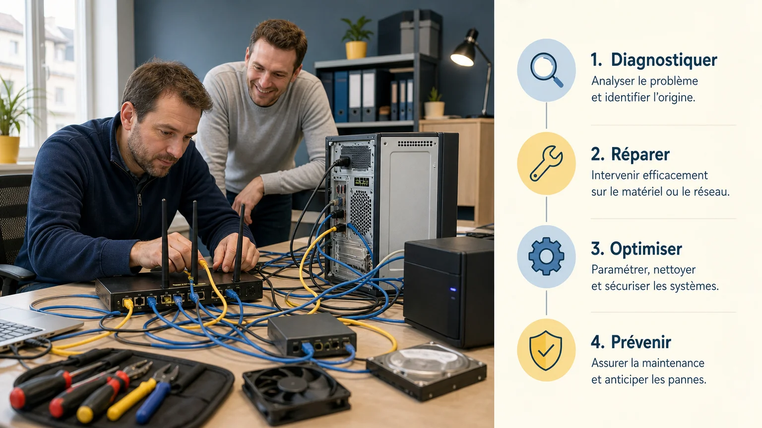 Technicien informatique européen configurant un ordinateur et un routeur dans un bureau, avec des câbles organisés de façon humoristique