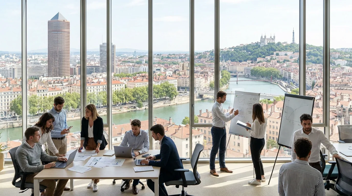 Vue de Lyon avec un espace de travail collaboratif pour alternants en ressources humaines