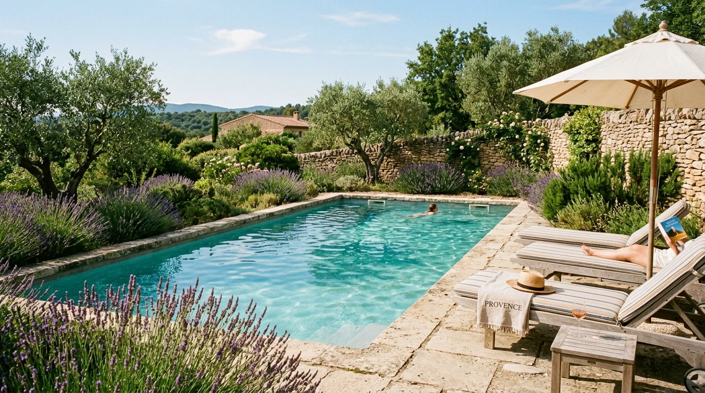 Piscine extérieure dans un jardin provençal entouré de lavande