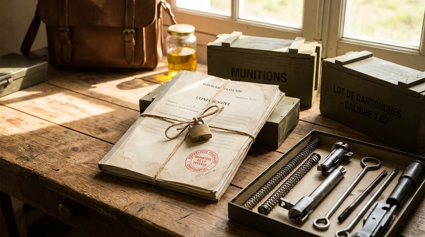 Document officiel français avec cadenas et munitions sur un bureau illustrant la réglementation des armes