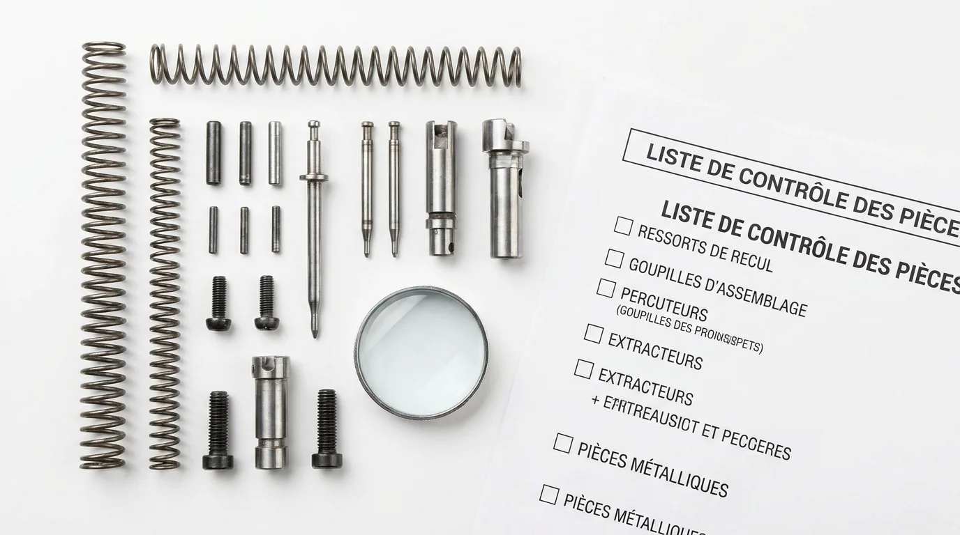 Pièces détachées d'armes disposées avec une loupe et une liste de vérification