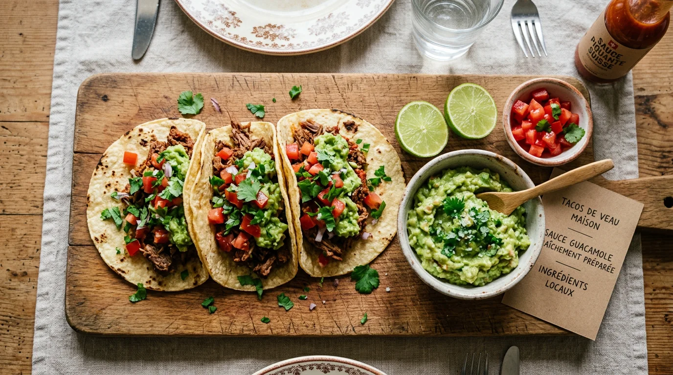 Tacos garnis de guacamole maison, viande et coriandre sur une planche en bois