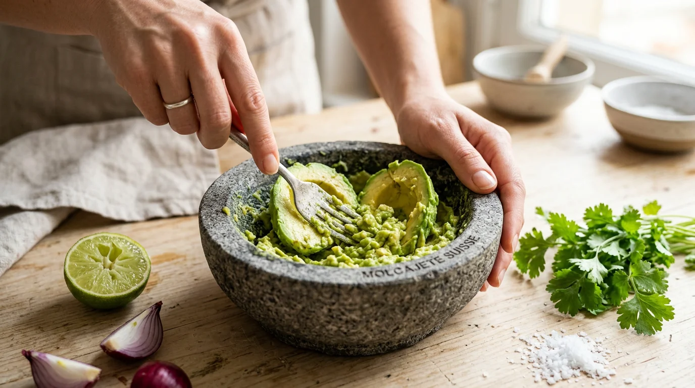 Préparation d'un guacamole maison écrasé à la fourchette avec citron vert et coriandre