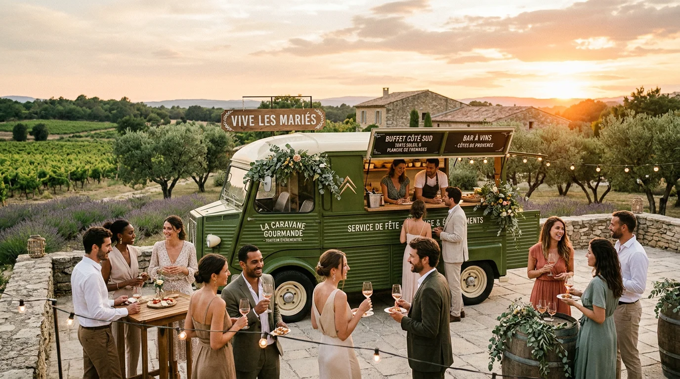 Food truck de mariage installé dans un domaine de Provence au coucher du soleil