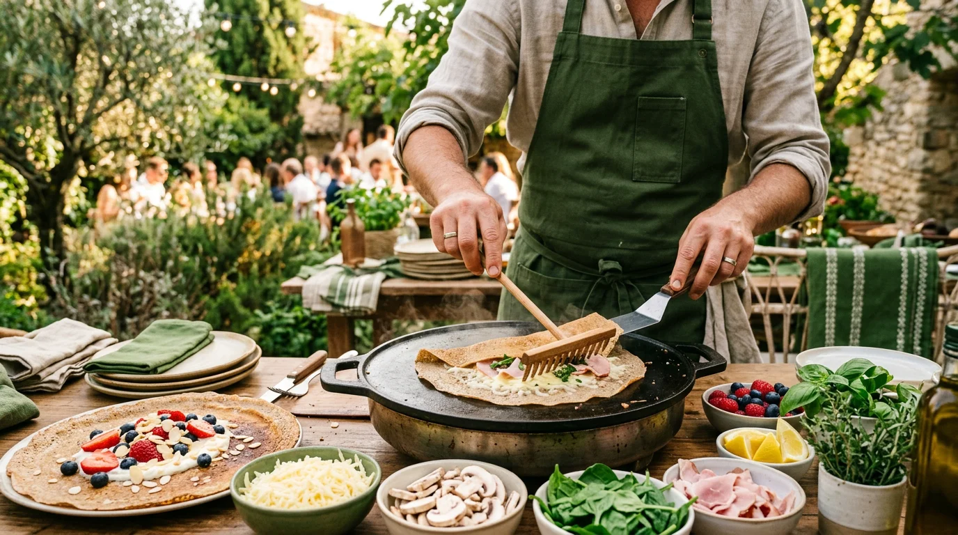 Crêpes et galettes de sarrasin préparées à la minute lors d'un mariage en Provence