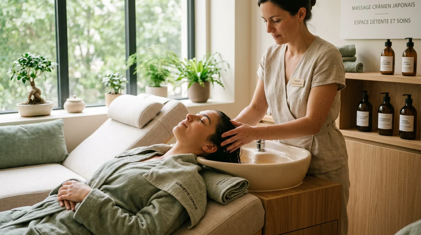 Cliente détendue recevant un soin head spa japonais du cuir chevelu