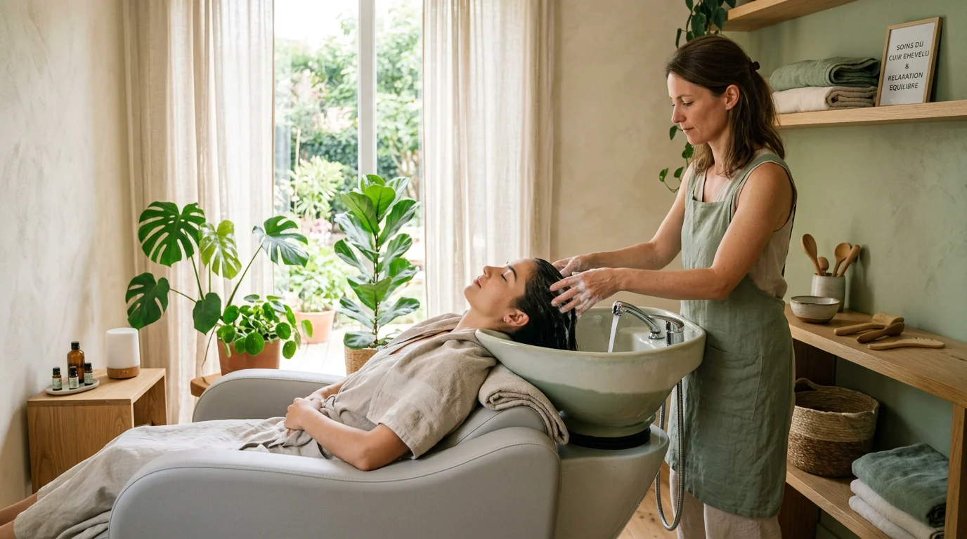 Cabine de head spa épurée avec fauteuil de soin et bac dédié au cuir chevelu