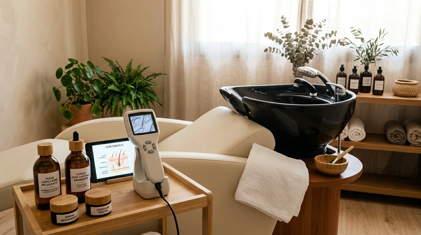 Équipement professionnel de head spa dans une cabine de soin apaisante