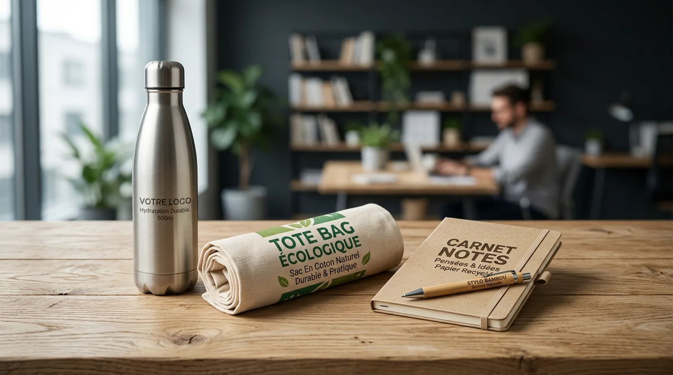 Sélection d'objets publicitaires éco-responsables posés sur une table de bureau