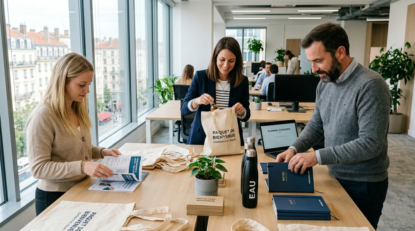 Équipe marketing préparant des welcome packs avec des goodies responsables