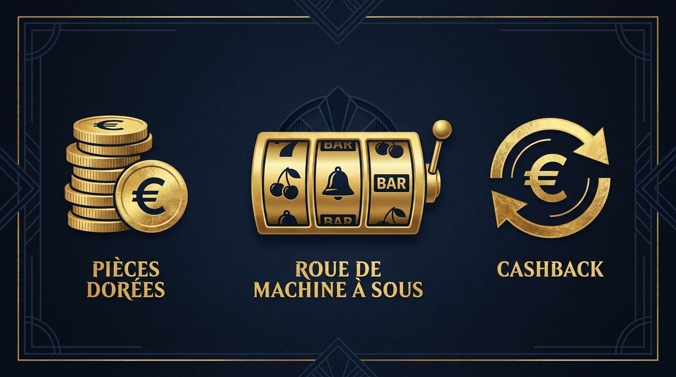 Illustration des trois types de bonus sans dépôt au casino : crédit gratuit, tours gratuits et cashback