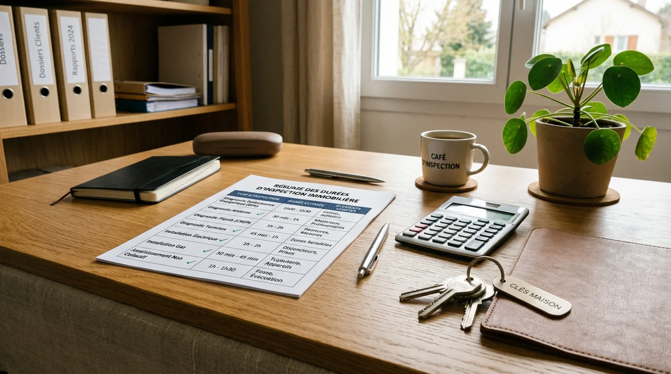 Tableau imprimé des durées de validité des diagnostics immobiliers posé sur un bureau