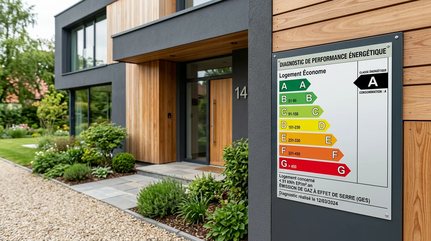 Échelle de classe énergétique A à G affichée devant une maison