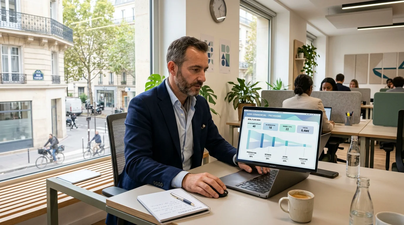 Commercial européen analysant son pipeline de prospection sur un ordinateur portable