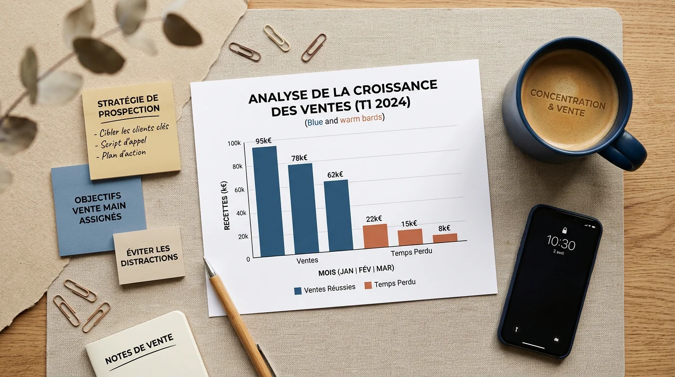 Bureau illustrant la répartition du temps commercial entre tâches administratives et vente