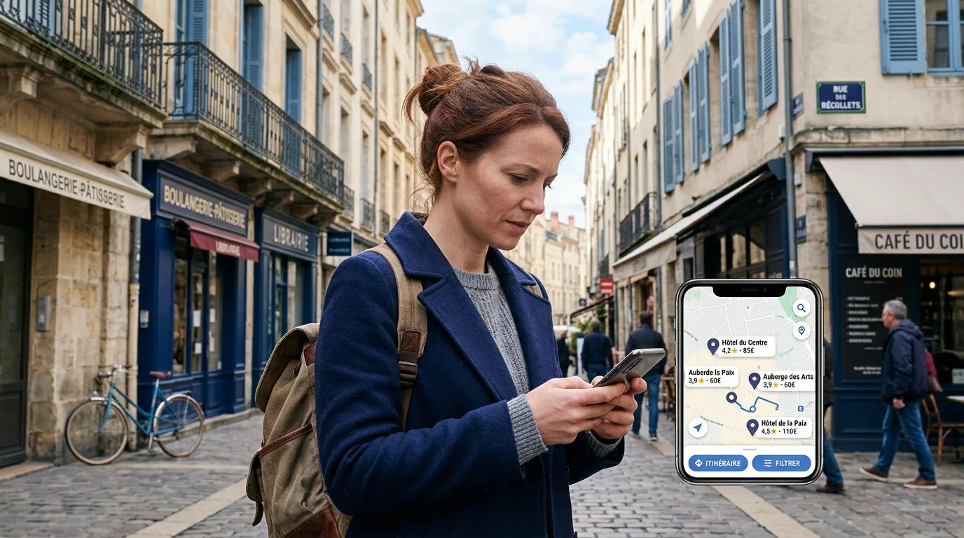 Voyageuse comparant les hôtels les mieux notés autour d'elle sur son téléphone