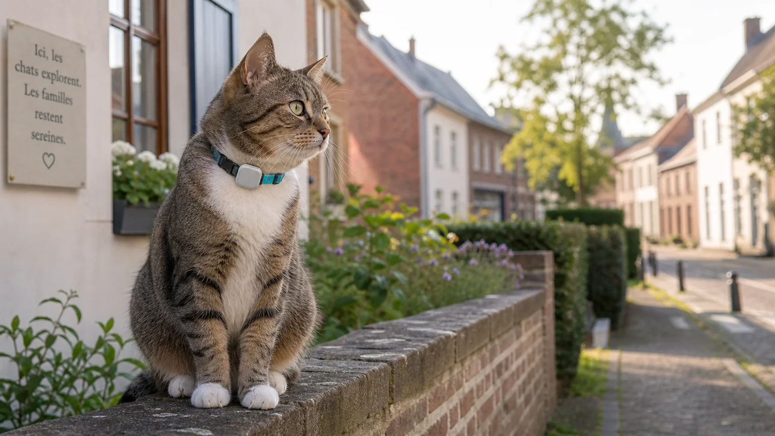 Chat portant un collier GPS léger posé sur un muret de jardin