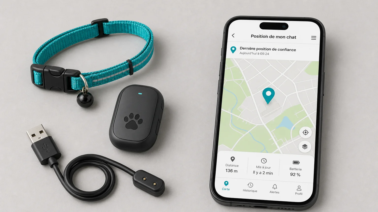 Traceur GPS pour chat, collier et smartphone affichant une carte disposés à plat