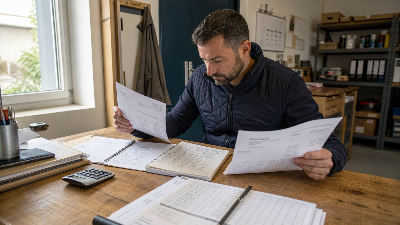 Dirigeant de TPE analysant ses coûts et sa rentabilité dans son bureau