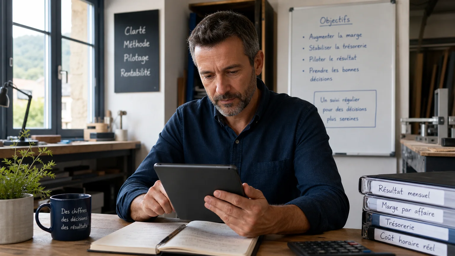 Un dirigeant de TPE analyse ses chiffres de gestion sur une tablette