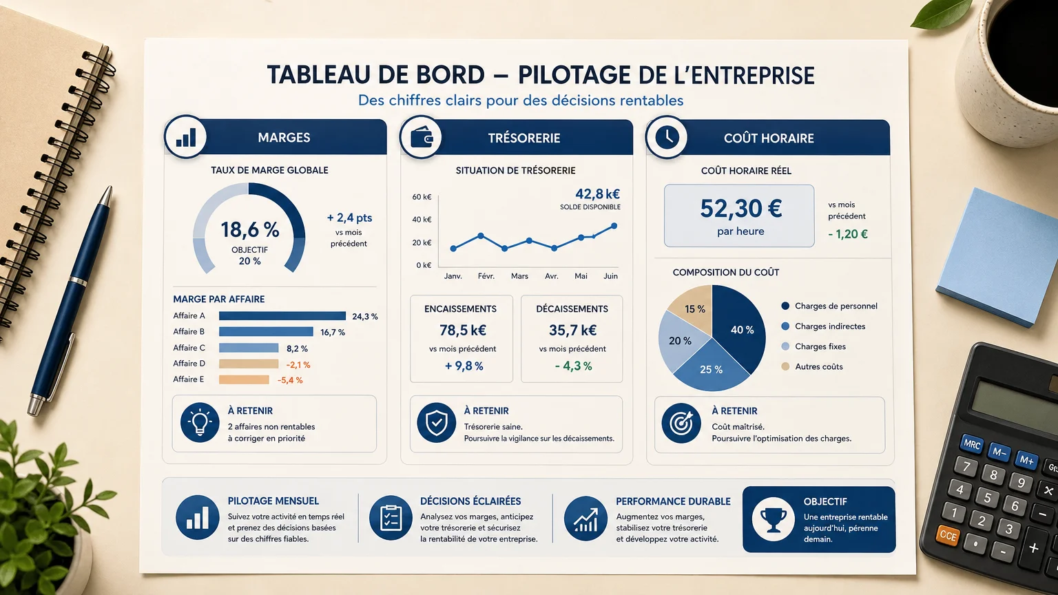 Tableau de bord de pilotage d'entreprise avec marges et trésorerie