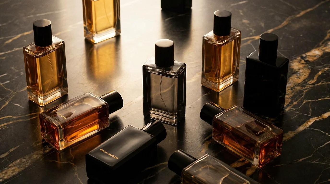 Flacons de parfum de luxe pour homme sur une surface en marbre sombre