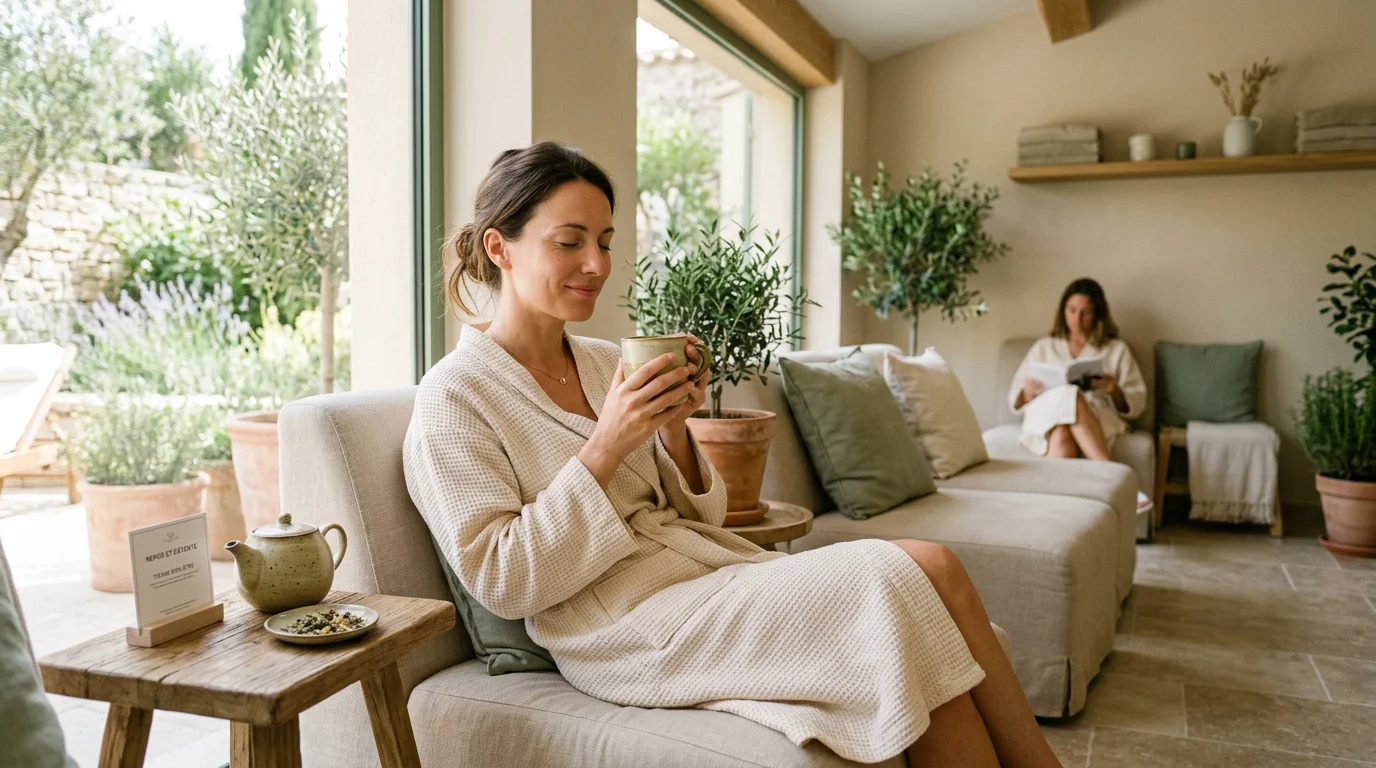 Cliente sereine dans un espace de relaxation après un soin bien-être