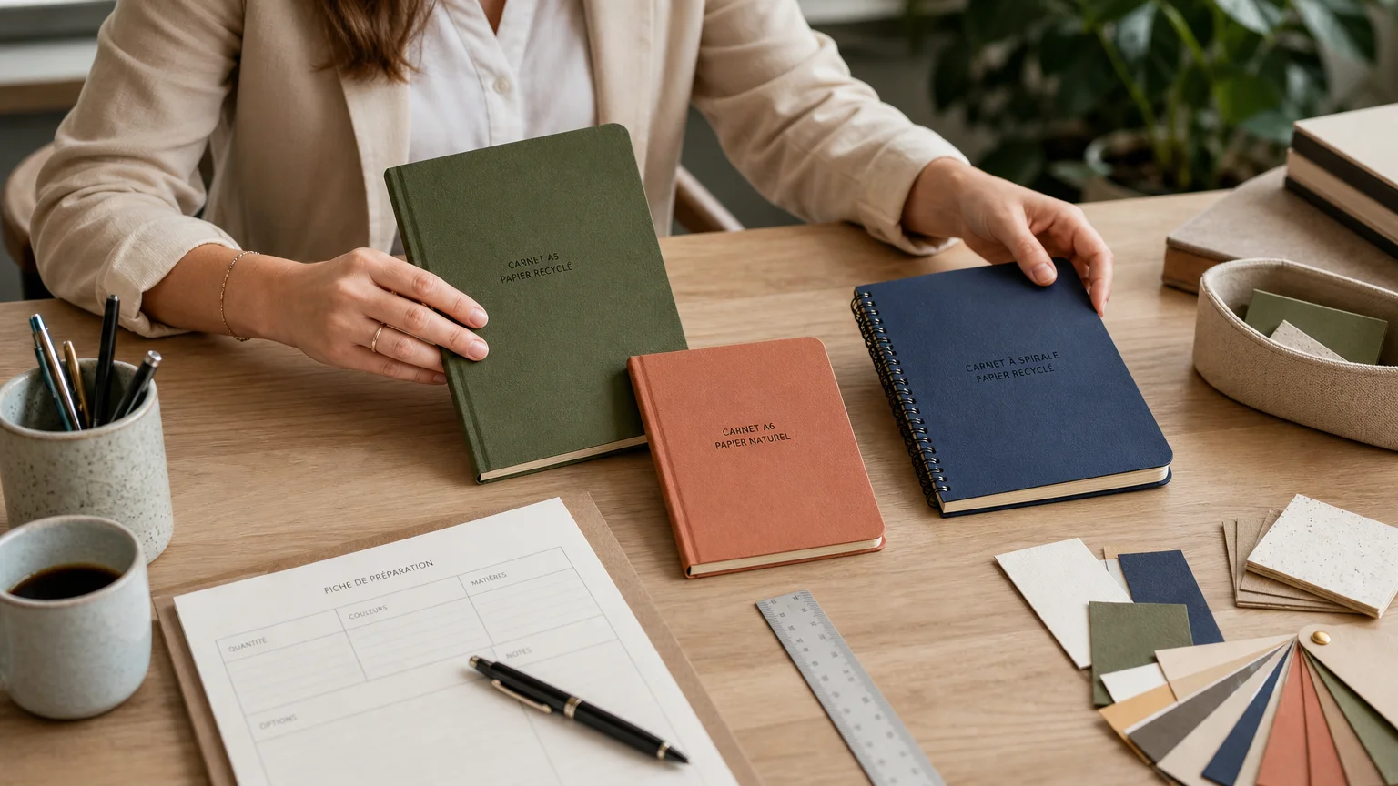 Sélection de formats et de matières pour une commande de carnets personnalisés
