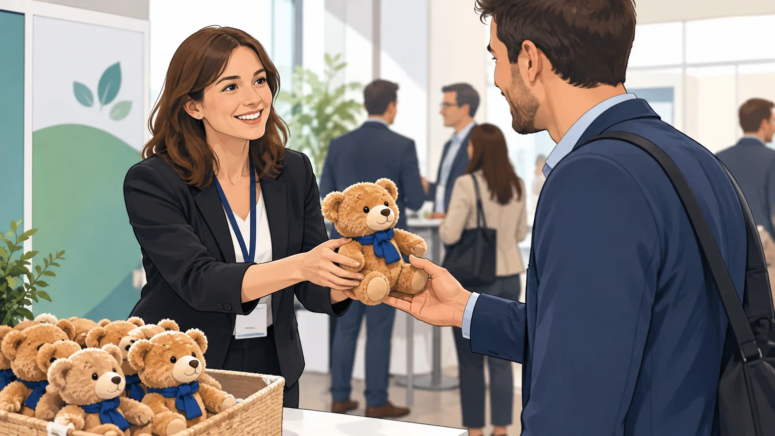 Remise d’une peluche personnalisée lors d’un événement professionnel