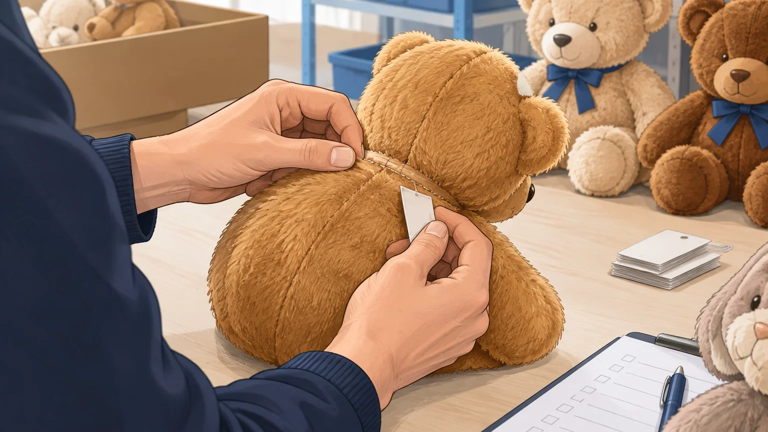 Contrôle des coutures et de l’étiquette d’une peluche avant distribution