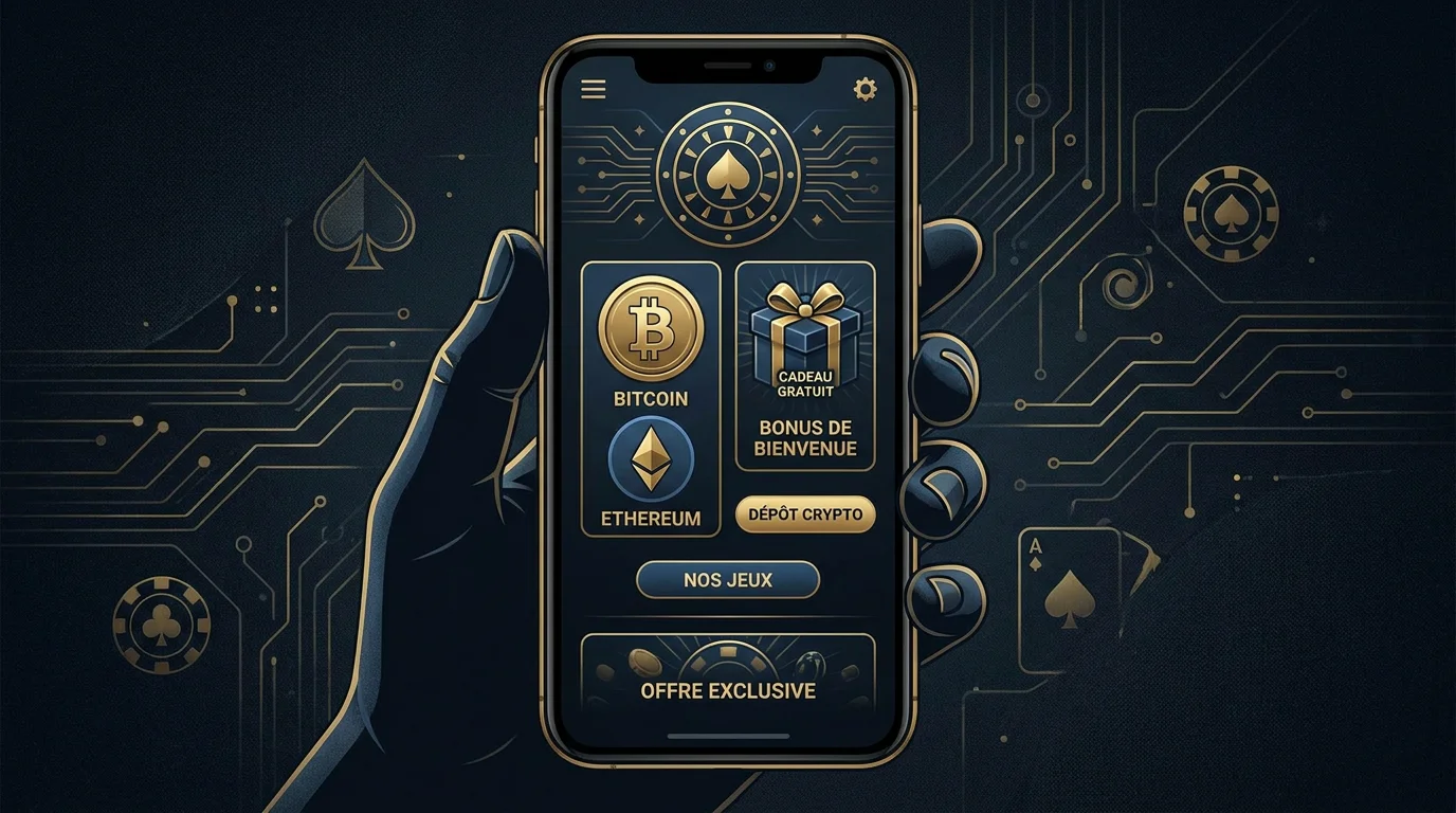 Interface de crypto casino affichant un bonus sans dépôt avec des icônes de cryptomonnaies