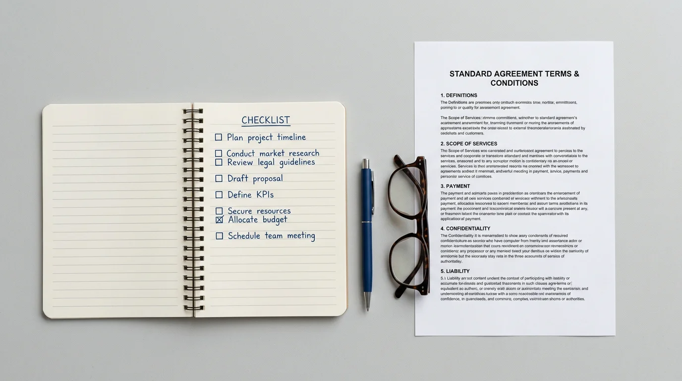 A checklist and printed bonus terms laid out on a desk