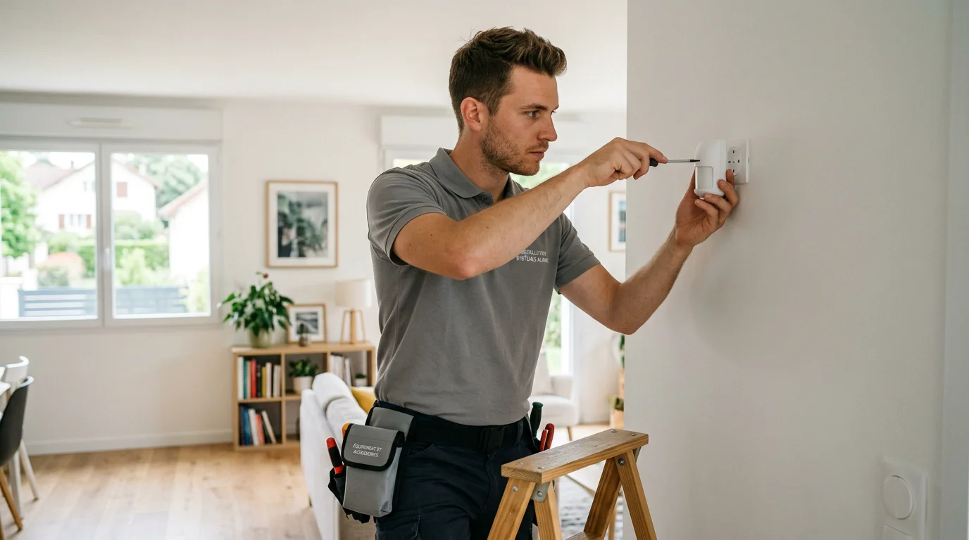 Technicien installant un détecteur d'alarme sans fil dans une maison