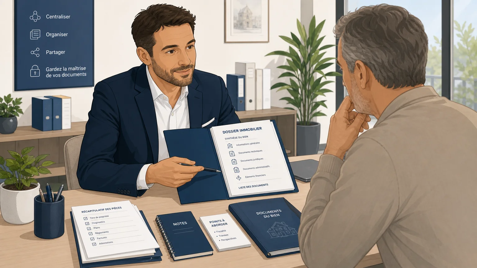 Agent immobilier et propriétaire organisant un dossier immobilier