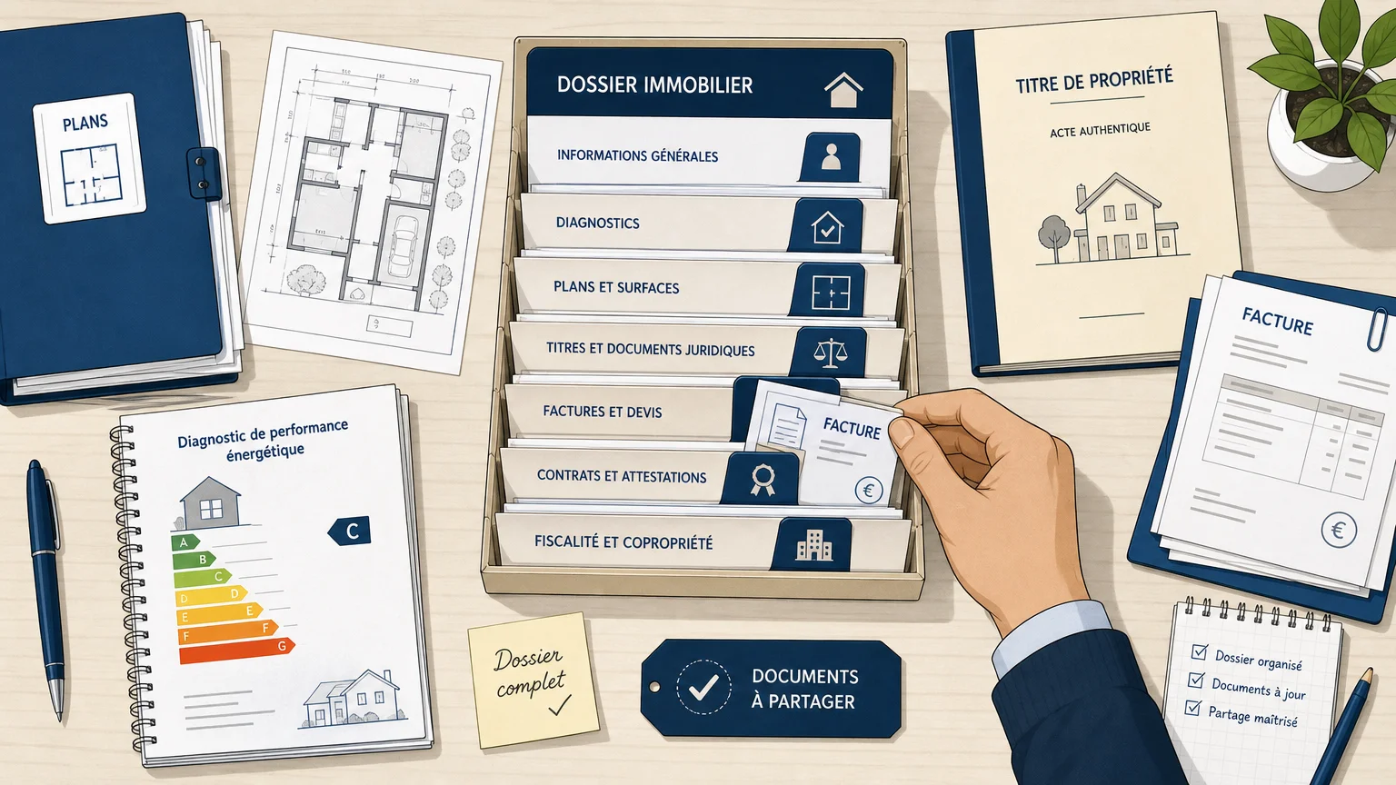 Dossier immobilier organisé avec documents et autorisations de partage