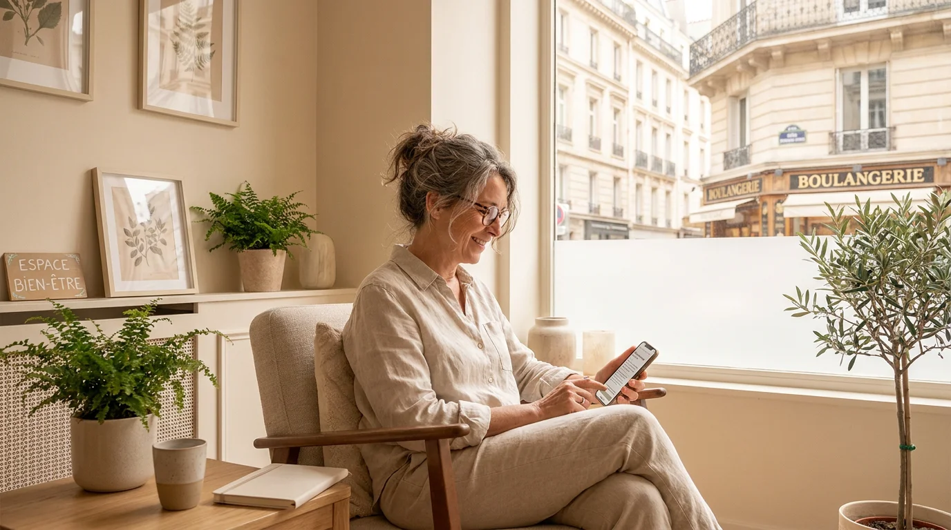 Femme consultant des avis en ligne avant de choisir un thérapeute en France