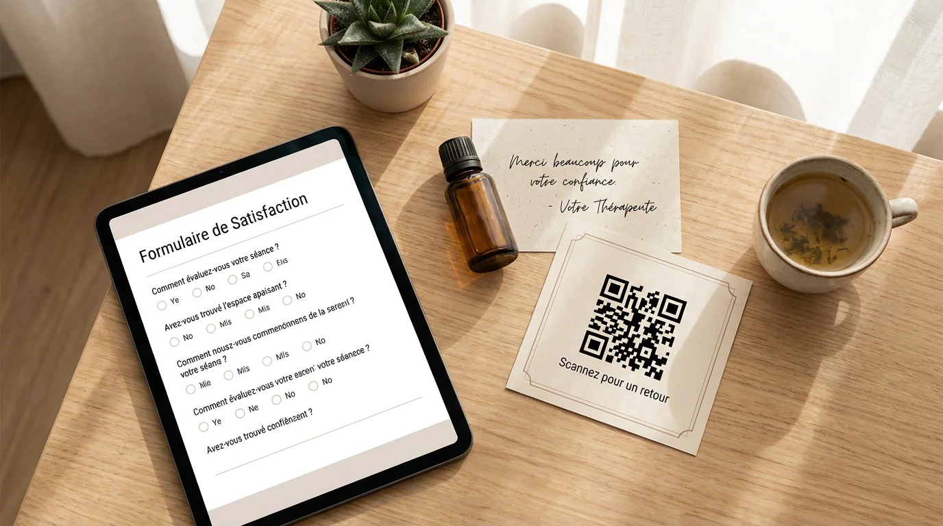 Bureau de thérapeute avec tablette affichant un formulaire de satisfaction et carte QR code