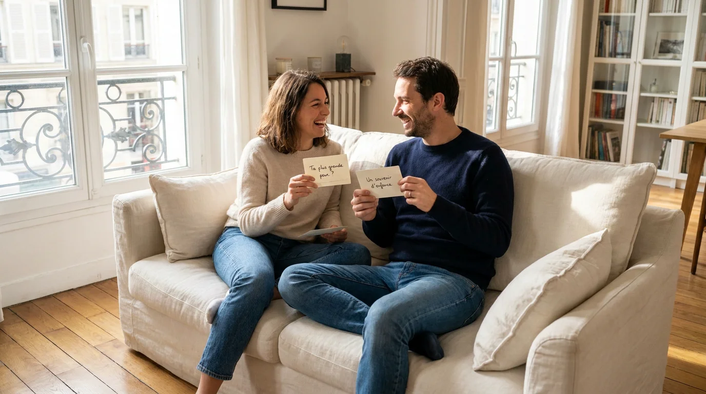 Couple complice qui rit en jouant à un défi ensemble sur leur canapé