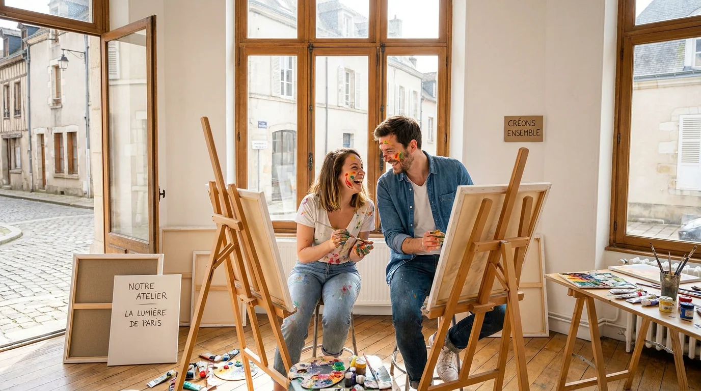 Couple créatif qui peint ensemble en riant lors d'un défi artistique