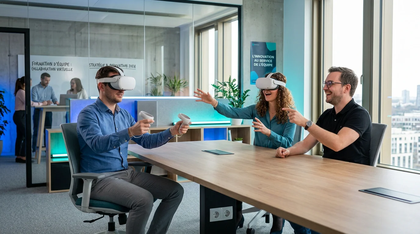 Équipe en pleine session de team building en réalité virtuelle dans un bureau