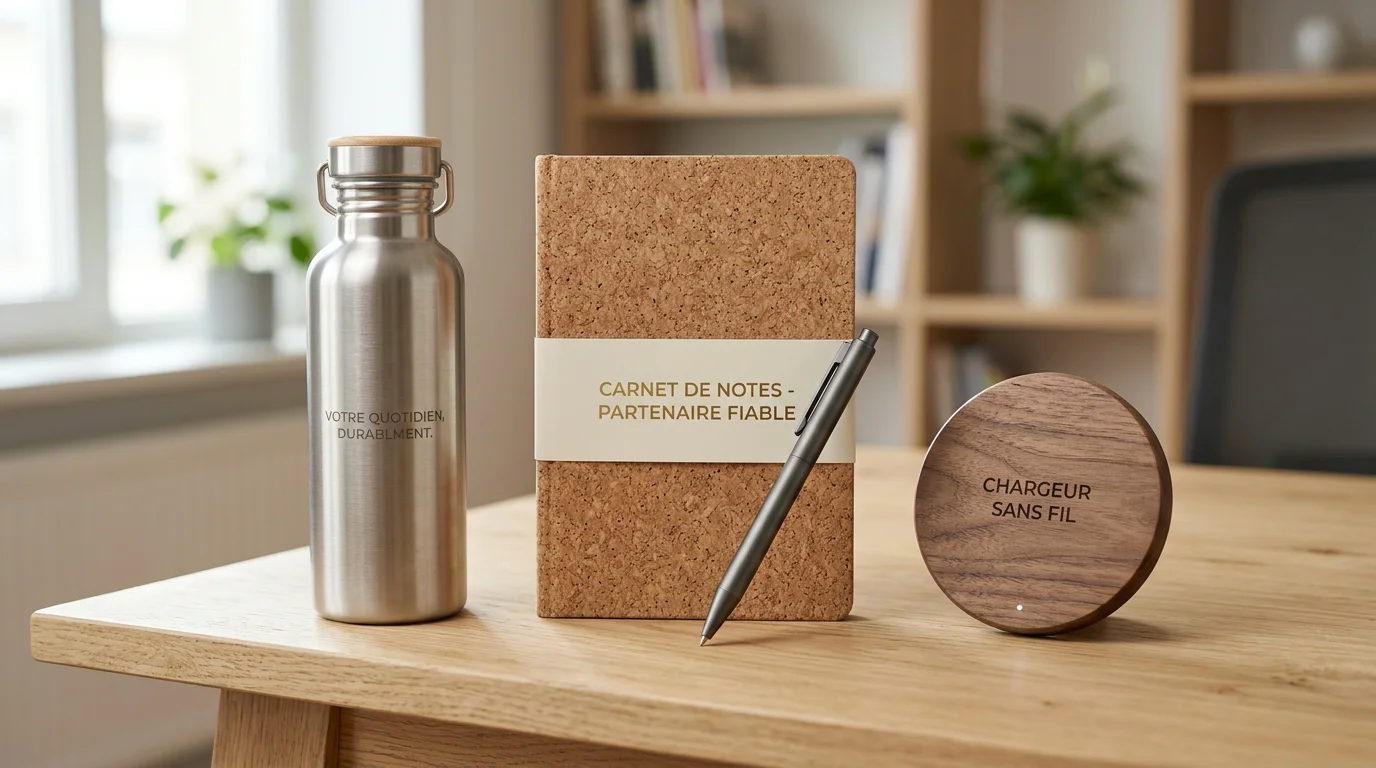 Sélection d'objets publicitaires haut de gamme posés sur une table en bois clair