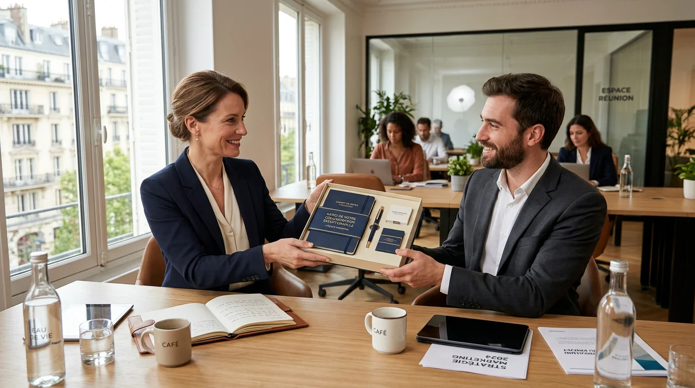 Remise d'un coffret cadeau d'entreprise premium dans un bureau lumineux