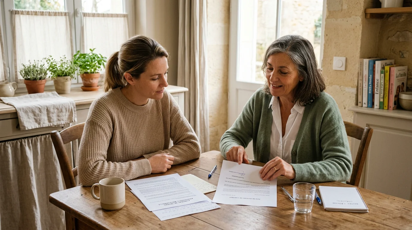 Un parent employeur et une assistante maternelle examinent ensemble les documents de fin de contrat