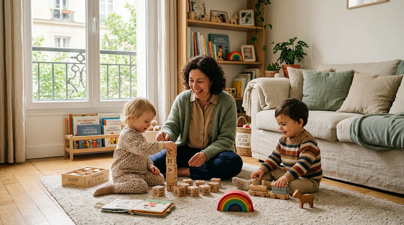 Une assistante maternelle joue avec deux jeunes enfants dans un salon lumineux