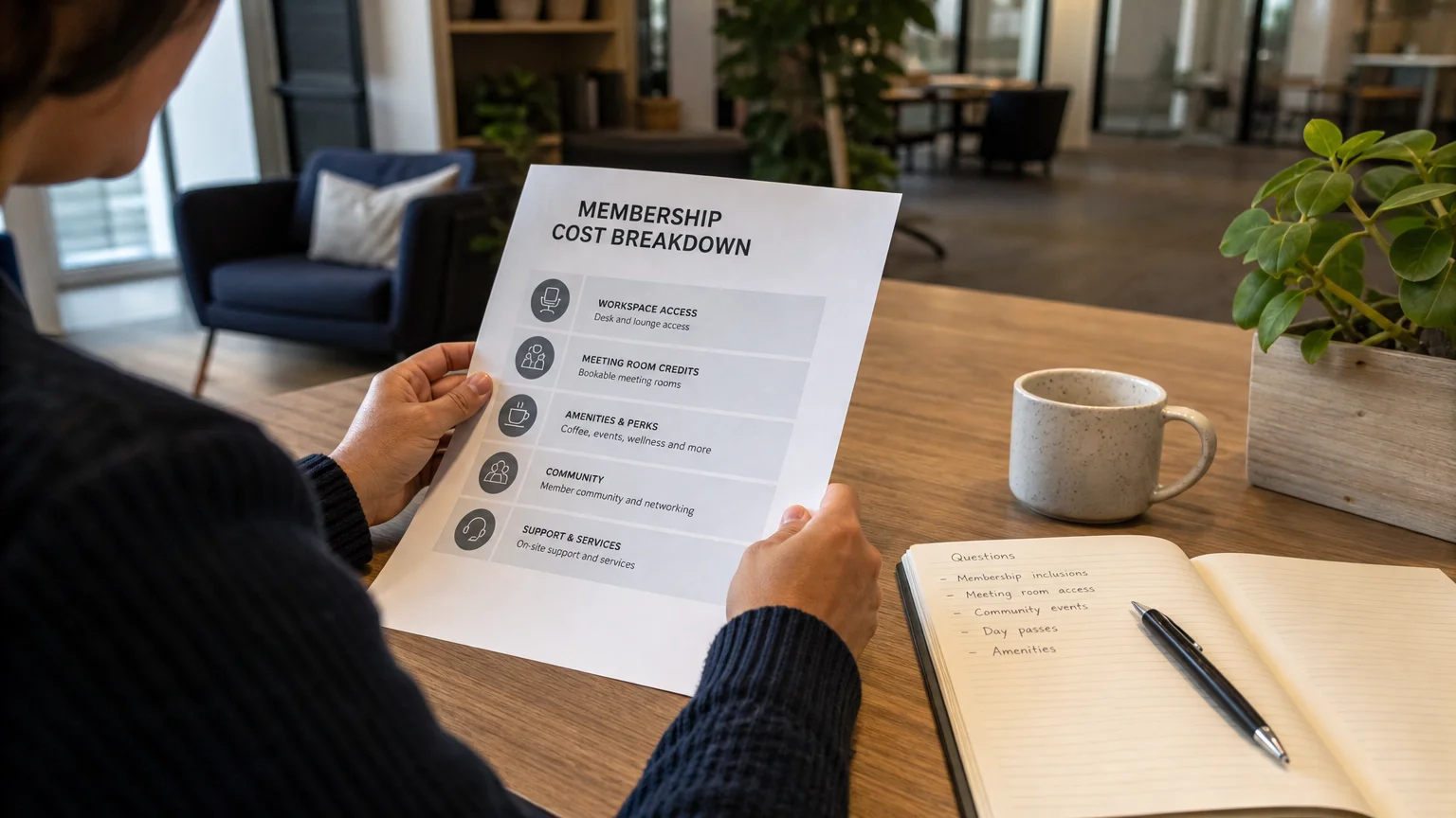 Person reviewing flexible workspace membership costs at a desk