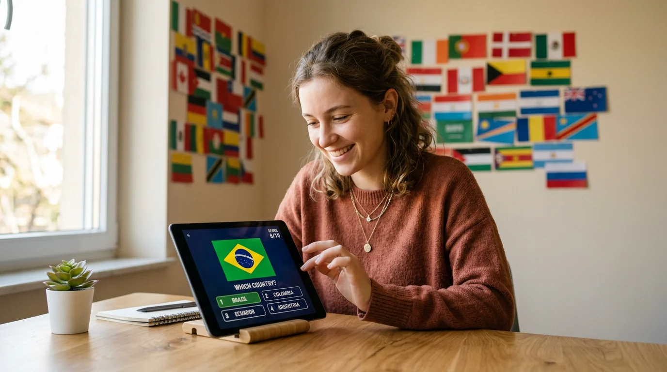 Young European woman playing a flag identification game on a tablet at a desk