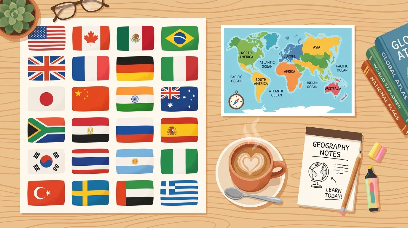 Flat lay of colorful national flags, a world map, and a coffee cup on a light desk
