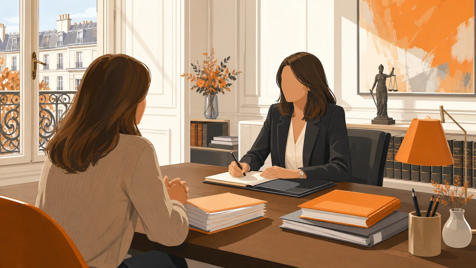 Une cliente échange avec une avocate dans un bureau calme, sans visages identifiables.