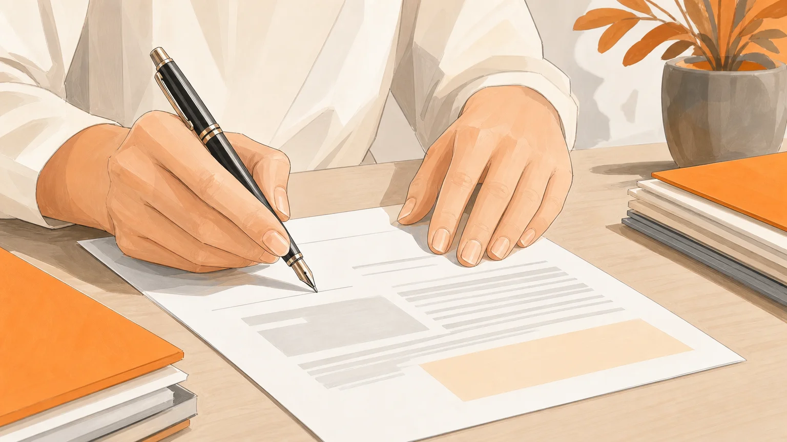 Gros plan illustré de mains signant un document juridique sur une table claire.